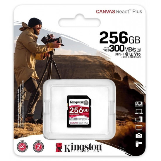 Карта пам`яті SD  256GB UHS-II U3 Class 10 Kingston Canvas React Plus R300/W260MB/s (SDR2/256GB)