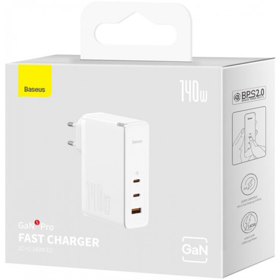 Мережевий зарядний пристрій Baseus GaN5 Pro (3USB, 5A) 140W White (CCGP100202) + кабель Type-C to Type-C