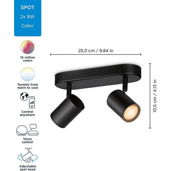 Світильник точковий накладний розумний WiZ Imageo Spots 2х5W 2200-6500K RGB Wi-Fi Black (929002659101)