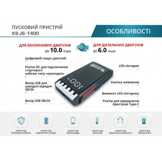 Пусковий пристрій для автомобілів Konner&Sohnen KS JS-1400 18000 mAh