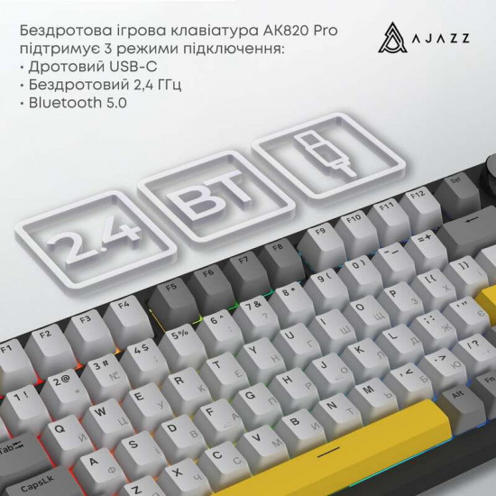 Клавіатура бездротова Ajazz AK820 Pro Flying Fish Switch Black RGB With Screen (AK820PRO-FF-BGY)
