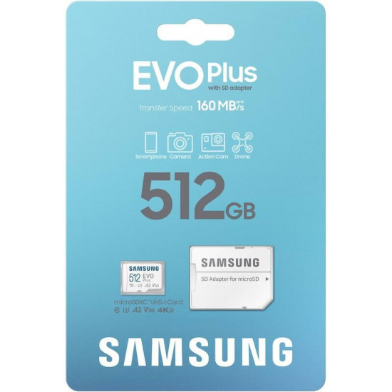 Карта пам`яті MicroSDXC  512GB UHS-I/U3 Class 10 Samsung Evo Plus R160MB/s + SD-адаптер (MB-MC512SA/EU)