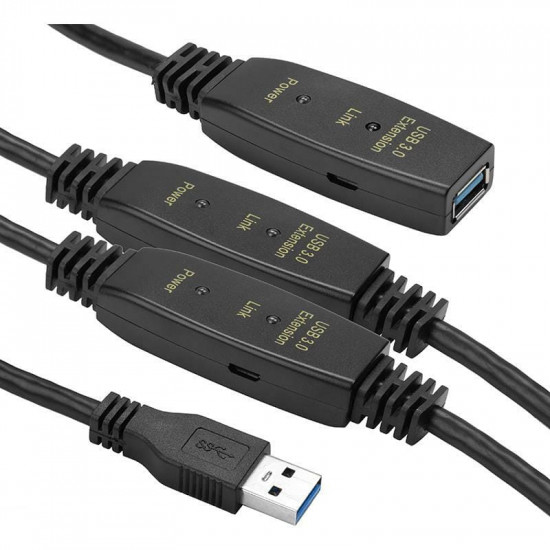 Активний подовжувач PowerPlant USB - USB V 3.0 (M/F), 20 м, чорний (CA912865)