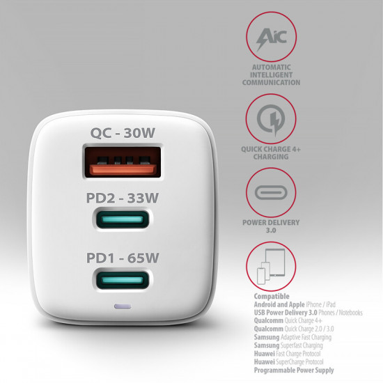 Зарядний пристрій Axagon 65W White (ACU-DPQ65W)