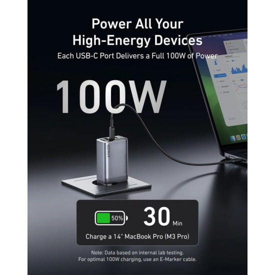 Мережевий зарядний пристрій Anker PowerPort GaNPrime 100W 2xUSB Type-C, USB Type-A Silver (A2688341)