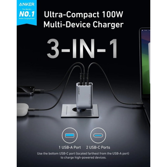 Мережевий зарядний пристрій Anker PowerPort GaNPrime 100W 2xUSB Type-C, USB Type-A Silver (A2688341)