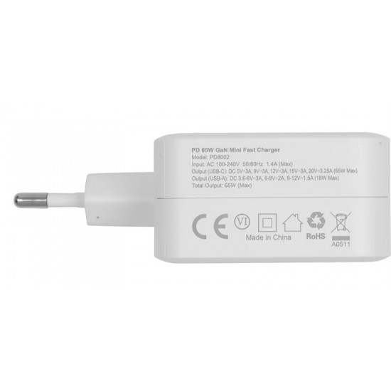 Мережевий зарядний пристрій Choetech USB Type-C, USB Type-A 65W PD 3.0 QC 3.0 White (PD8002)