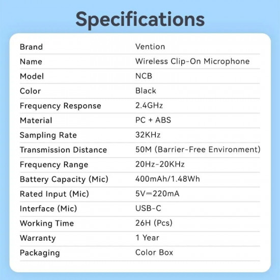 Мікрофон Vention USB Type-C 2-Pack Wireless Lavalier Black (NCBB0)
